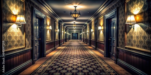A dark and eerie hotel hallway with an ominous atmosphere , psychological tension, inner demons, dark secrets, madness, obsession, fear, suspense, creepy, eerie, haunting, mystery, thriller photo
