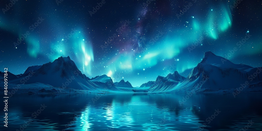 Aurora borealis reflected in calm lake, a stunning sight Aurora borealis reflected in calm lake, a stunning sight