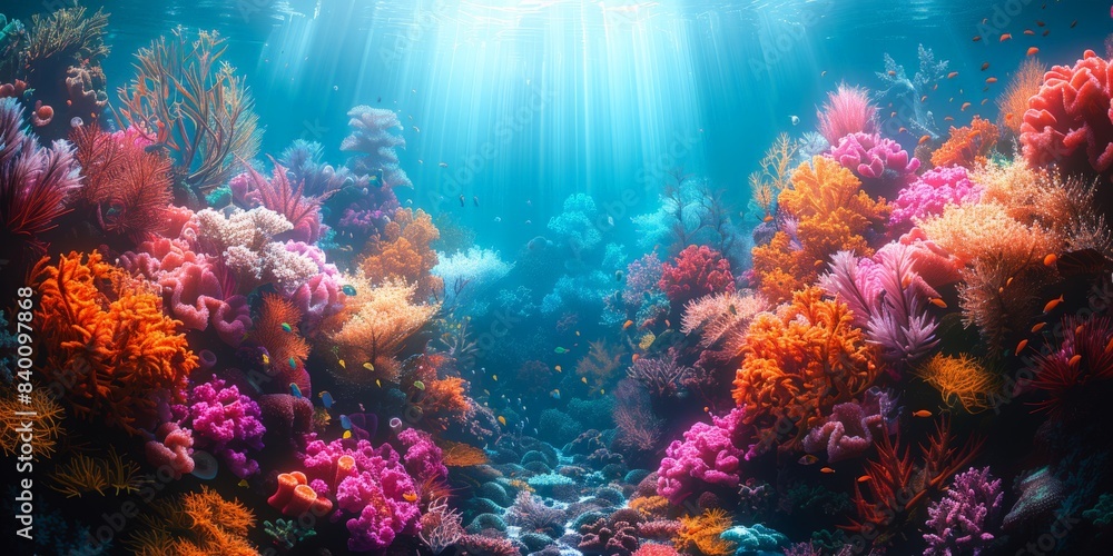 Fototapeta premium The sun shines through the water, illuminating a vibrant coral reef