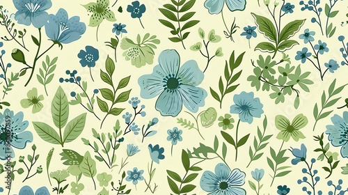 Seamless pastel green and blue floral pattern, hand-drawn style