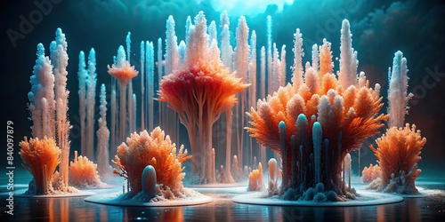 Gushing coral fountains exploding frozen in a futuristic texture isolated on a background, coral, fountains, abstract, futuristic,texture, isolated,background photo