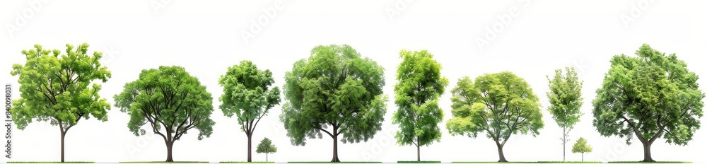A collection of green trees isolated on a white background. A collection of green trees isolated on a white background.