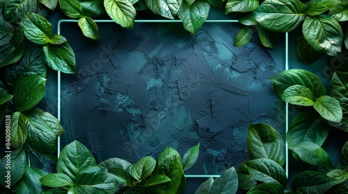 A neon frame with a border of vibrant green leaves, symbolizing growth, renewal, and the beauty of nature.