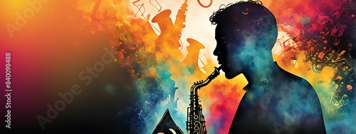 Jazz music poster with band instruments, saxophone, piano, and abstract art photo
