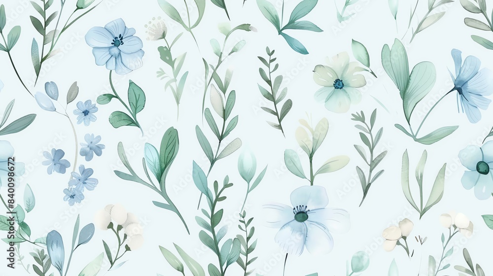 Fototapeta premium Soft pastel green and blue floral design, hand-drawn seamless pattern
