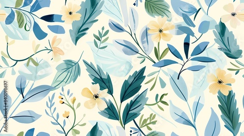 Soft pastel green and blue floral design, hand-drawn seamless pattern