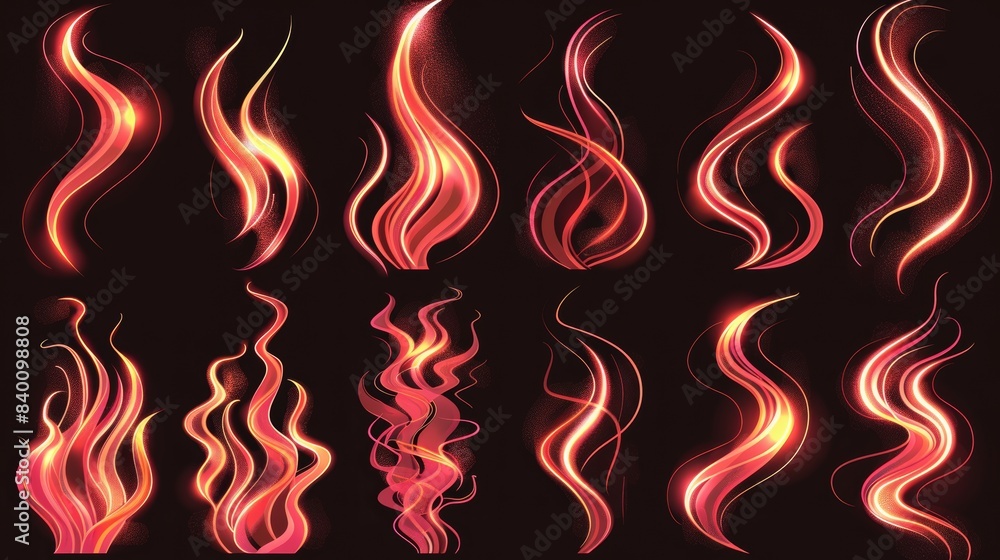 A realistic illustration of a hot air flow on a transparent background. Modern illustration of abstract orange swirls. A symbol of an infrared beam, a path of radiating heat, and a warm wind blowing A realistic illustration of a hot air flow on a transparent background. Modern illustration of abstract orange swirls. A symbol of an infrared beam, a path of radiating heat, and a warm wind blowing