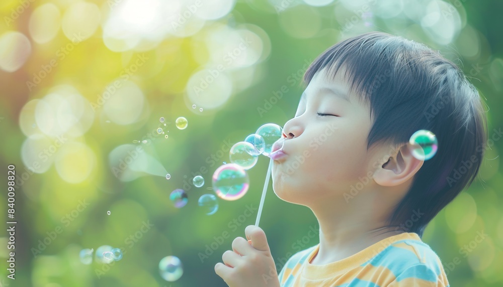 Joyful Asian Boy Blowing Bubbles in Nature: A Delightful Childhood Moment Joyful Asian Boy Blowing Bubbles in Nature: A Delightful Childhood Moment