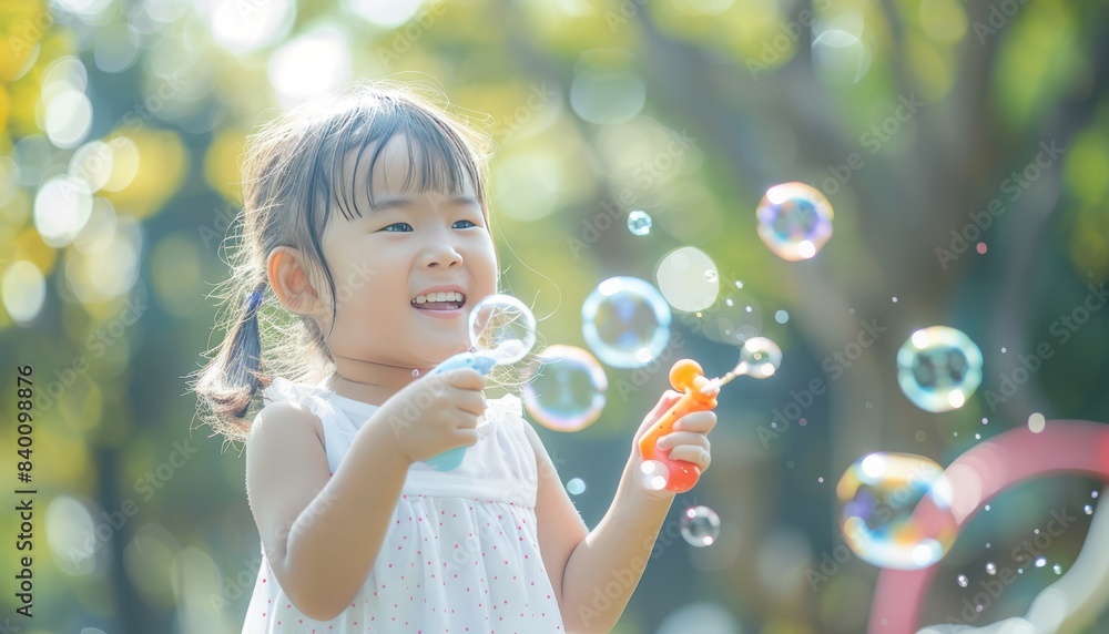 Bubble Fun: Adorable Asian Child Delights in Bubble Gun Play at the Park Bubble Fun: Adorable Asian Child Delights in Bubble Gun Play at the Park