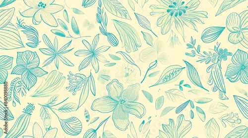 Whimsical hand-drawn flora in seamless pattern, pastel green and blue colors