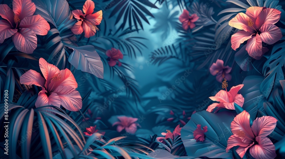 A vibrant tropical frame illustration, featuring neon glowing palm leaves and exotic flowers, perfect for adding a tropical touch to designs. A vibrant tropical frame illustration, featuring neon glowing palm leaves and exotic flowers, perfect for adding a tropical touch to designs.