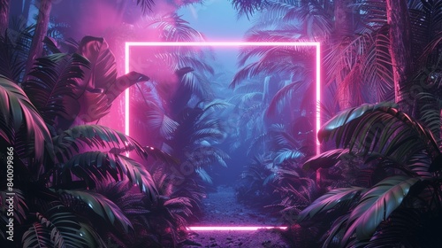 A neon frame surrounds a dense jungle, with neon foliage adding a vibrant and futuristic touch to the scene.