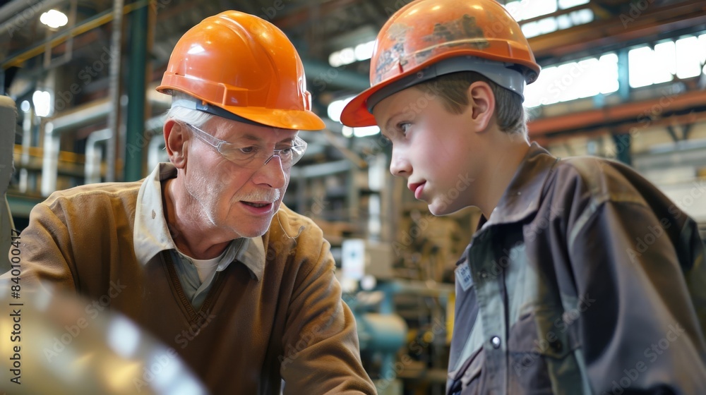 A senior engineer mentoring a young apprentice in a factory setting A senior engineer mentoring a young apprentice in a factory setting