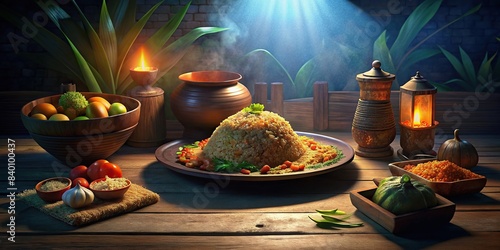 Traditional Indonesian Nasi Goreng dish with ingredients displayed on wooden table , Indonesian food, fried rice, kecap manis, spices, shallots, garlic, chili, shrimp paste, tamarin