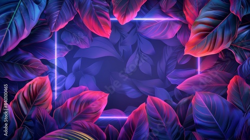 Wallpaper Mural A neon frame encloses a collection of neon leaves, with neon lights illuminating the scene. This illustration combines nature and technology for a unique and eye-catching design. Torontodigital.ca