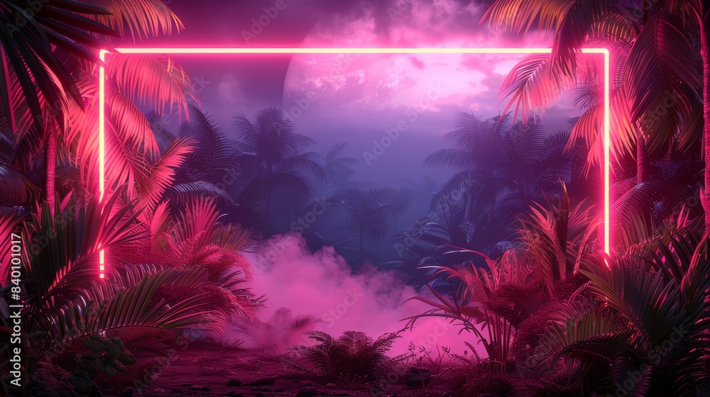 A neon frame encloses a tropical landscape, with neon patterns enhancing the beauty of the scene with their bright and vivid colors. Perfect for adding a touch of modernity and style to your designs. A neon frame encloses a tropical landscape, with neon patterns enhancing the beauty of the scene with their bright and vivid colors. Perfect for adding a touch of modernity and style to your designs.