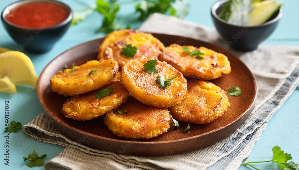 Tostones, traditional Carribean dish, twice fried plantains Tostones, traditional Carribean dish, twice fried plantains
