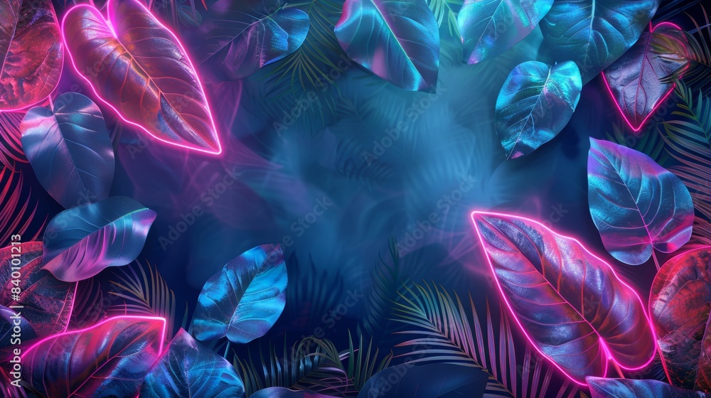 Obraz premium A border of neon lights mimicking the shapes of leaves adds a whimsical and magical touch to your design. Perfect for projects that need a dreamy and enchanting aesthetic.