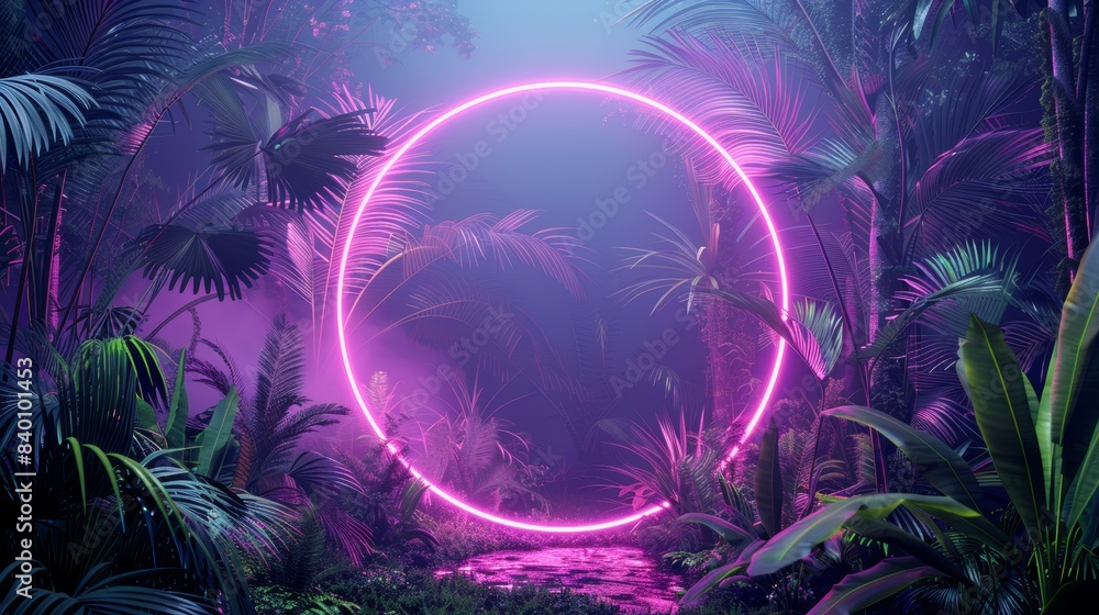 An imaginative illustration of a neon-lit frame encircling a lush array of rainforest vegetation, highlighting the harmony between artificial light and natural beauty. An imaginative illustration of a neon-lit frame encircling a lush array of rainforest vegetation, highlighting the harmony between artificial light and natural beauty.