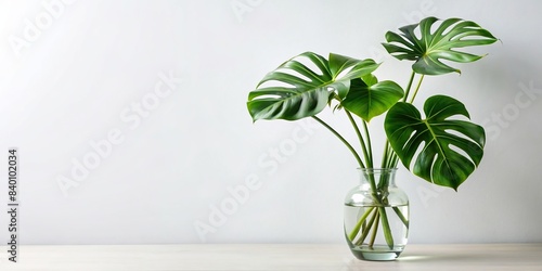 Swiss Cheese Plant in clear vase on white background , houseplant, Monstera deliciosa, tropical, botanical, indoor, minimalist, decor, trendy, greenery, leaves, modern, stylish, foliage