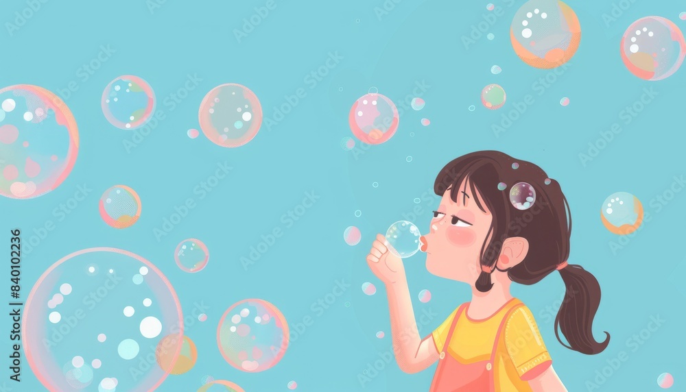 Bubble Fun: Adorable Little Girl with Soap Bubbles on Light Blue Background Bubble Fun: Adorable Little Girl with Soap Bubbles on Light Blue Background