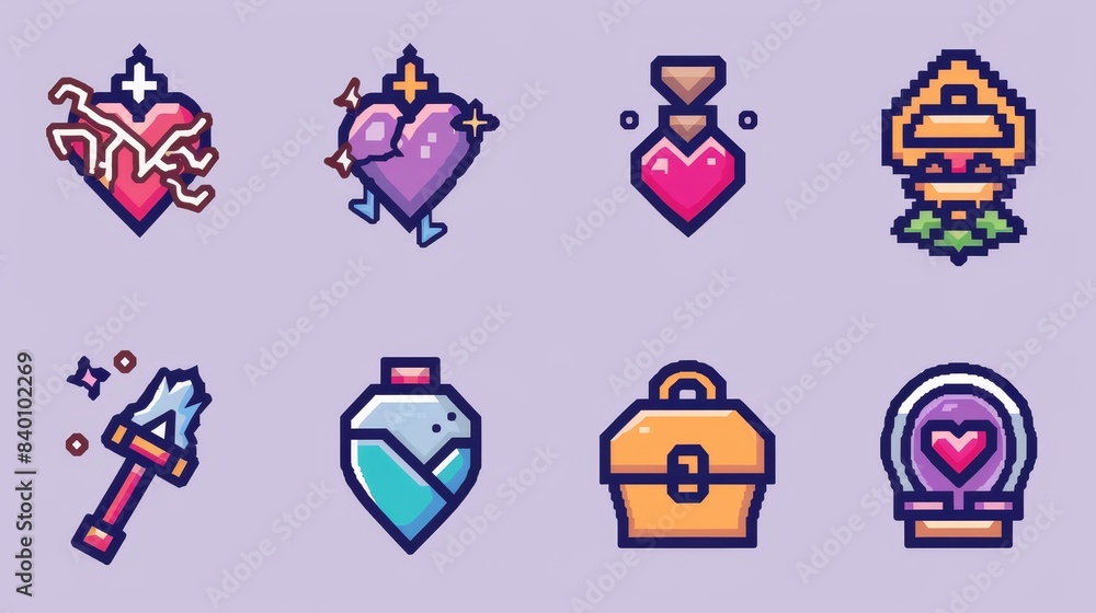 Insets of a shield, sword, lightning flash, heart, golden cup, magic potion flask, golden key, and treasure chest. Cartoon 3D user interface flags, a gift box, bombs, money bills, hourglasses and Insets of a shield, sword, lightning flash, heart, golden cup, magic potion flask, golden key, and treasure chest. Cartoon 3D user interface flags, a gift box, bombs, money bills, hourglasses and