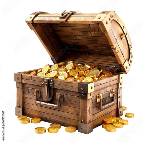 PNG Old wooden open treasure chest with gold coins isolated on white or transparent background photo