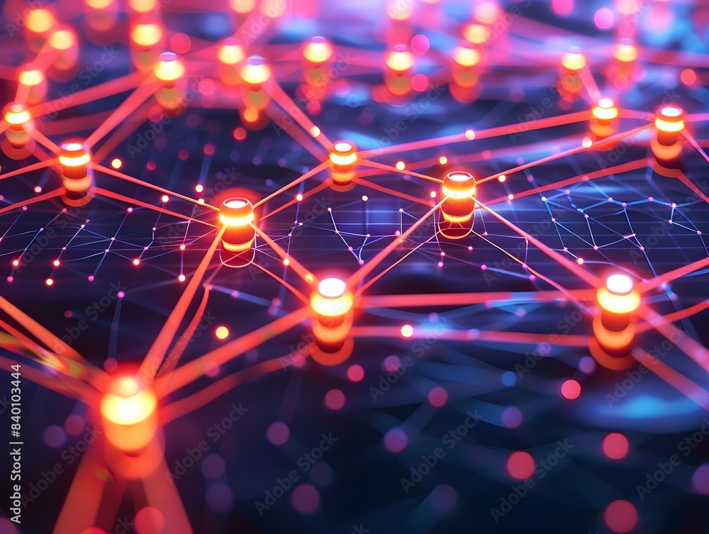 Glowing Tech Network A 3D rendered of a futuristic digital connection system with bright glowing nodes lines and abstract patterns representing the concept of modern technology communication Glowing Tech Network A 3D rendered of a futuristic digital connection system with bright glowing nodes lines and abstract patterns representing the concept of modern technology communication