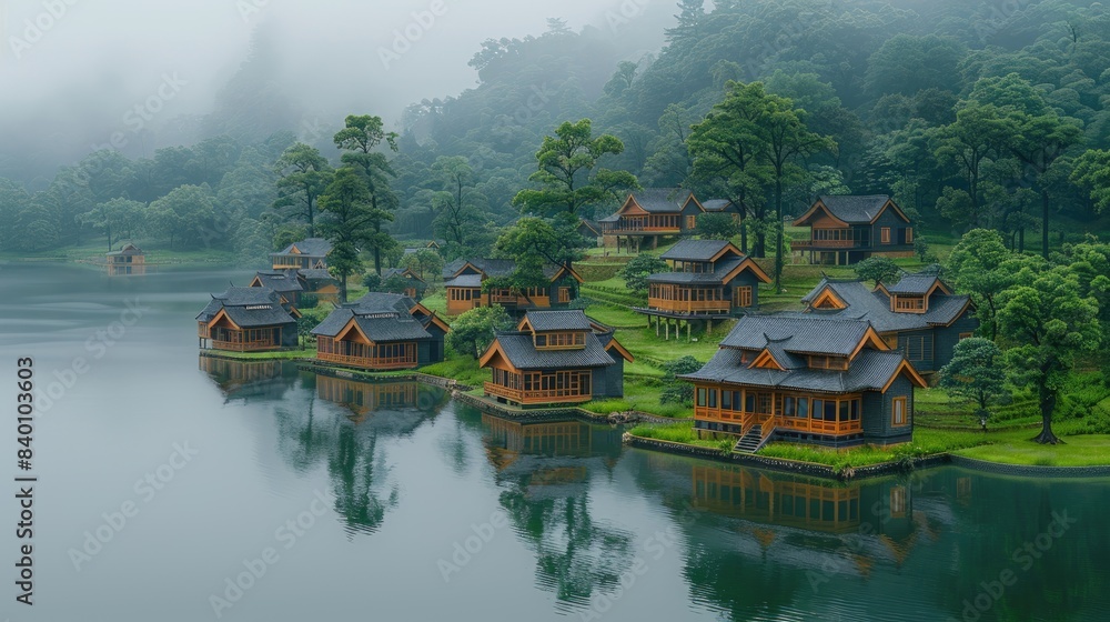 Naklejka premium Beautiful Traditional Chinese Village in Mountain Foggy Sky