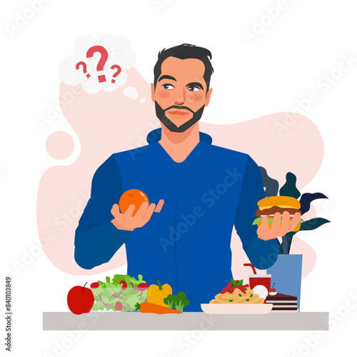 man decide junk food healthy food in flat illustration
