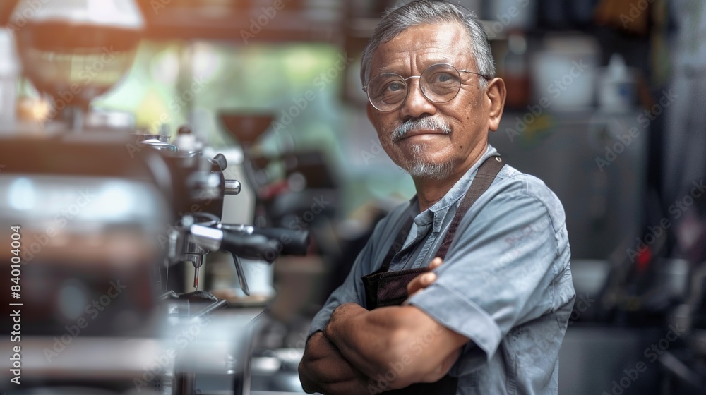 portrait through the glass of an asian cafe businessman, smiling with arms crossed. portrait through the glass of an asian cafe businessman, smiling with arms crossed.