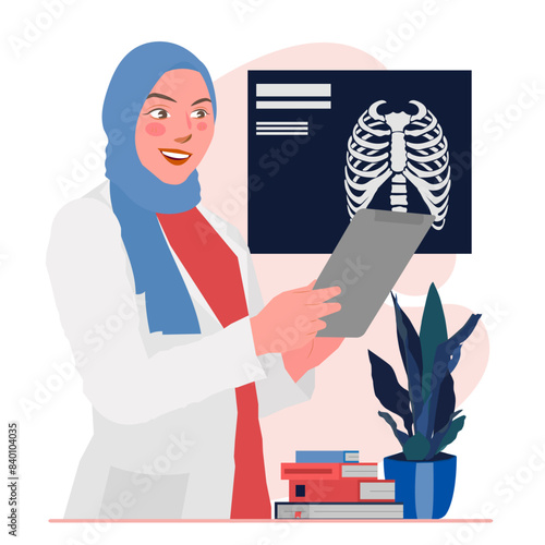female doctor checks x-ray for bones in flat illustration