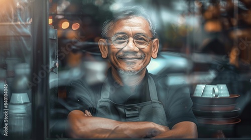 Nice asian cafe businessman, smiling with his arms intertwined leaning on the bar. out of focus background. © Juan Manuel Pichardo