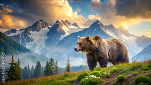 Majestic bear roaming in a serene mountain landscape , wildlife, nature, wilderness, forest, majestic, landscape, mountains, grizzly bear, scenery, tranquil, peaceful, wildlife photography photo