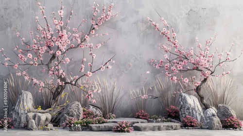 The background of the image is a concrete wall with a Japanese bansai tree with sakura flowers. photo