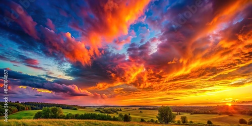 Vibrant sunset over a colorful landscape with dramatic dusk clouds , nature, colorful, landscape, dusk, cloud, vibrant, sunset, dramatic, horizon, scenic, beauty, outdoor, peaceful photo