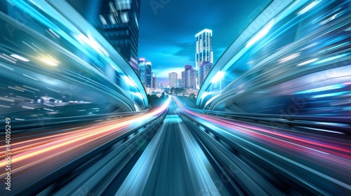 Time-lapse photography of modern futuristic cityscape and highway, lights, road, city
