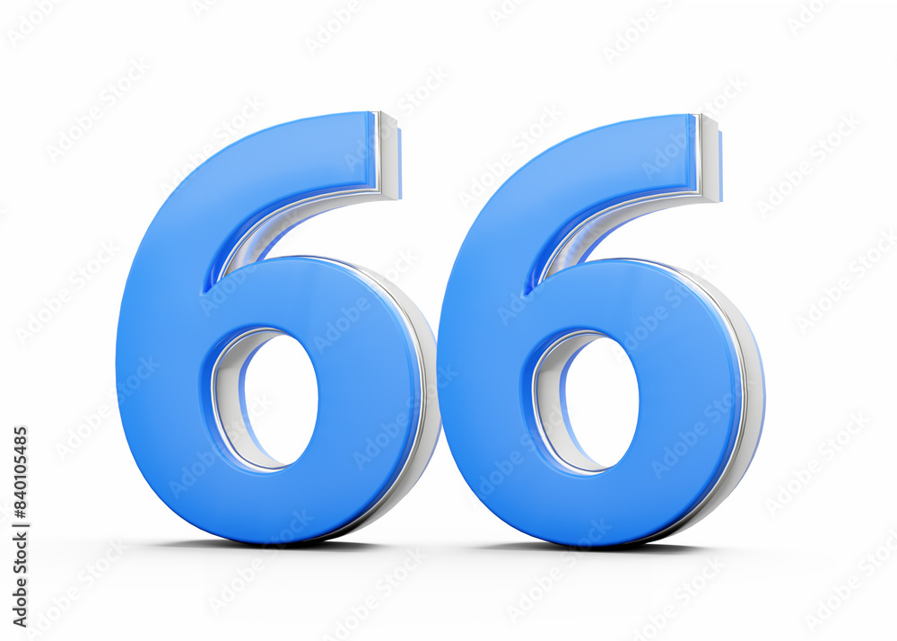 3D Number 66 Sixty Six Made Of Blue Body With Silver Outline On White Background 3D Illustration