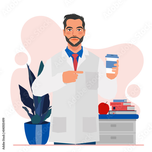 male doctor wants coffee before work in flat illustration