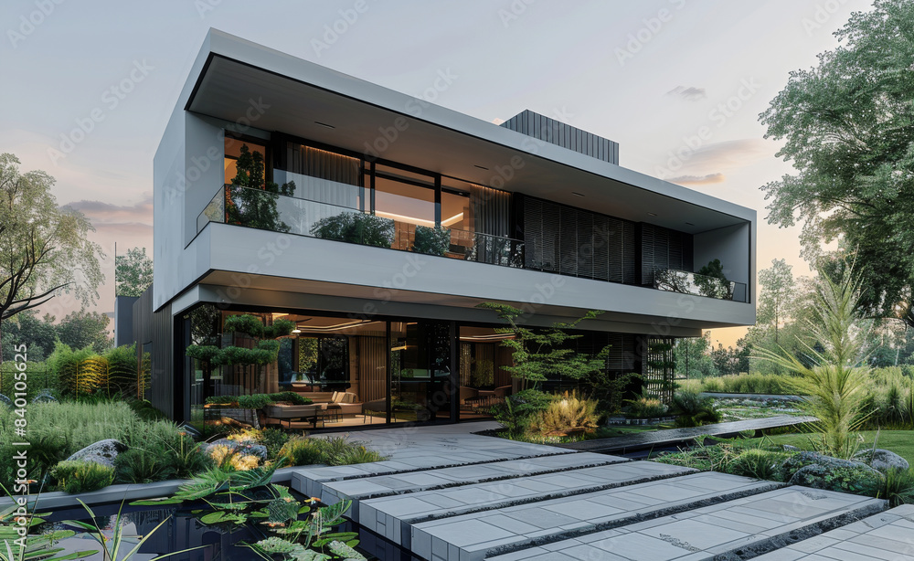 Obraz premium A captivating of a build of architecture, The build presents a balanced structure. The contemporary property features a stunning front garden, minimalist black aluminum windows. Generative AI.