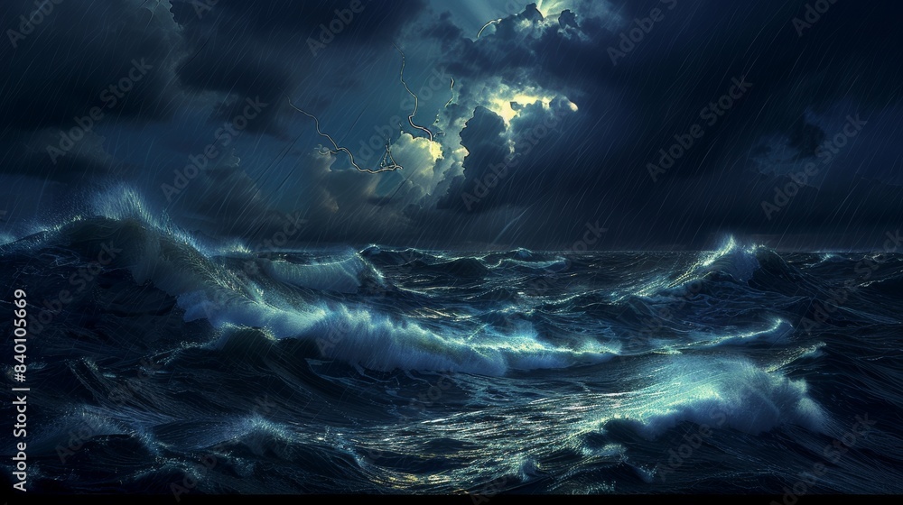 Dramatic night seascape with a storm. Gloomy giant waves and lightning. Dark cloudy sky above the water. Dramatic night seascape with a storm. Gloomy giant waves and lightning. Dark cloudy sky above the water.