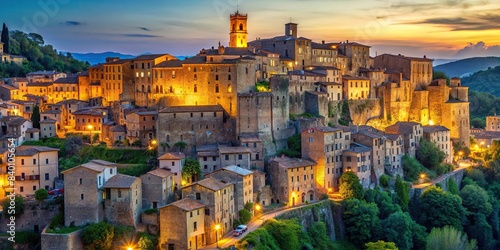 Panoramic view of Sorano at evening sunset with traditional buildings and illuminations in Tuscany, Italy , Sorano, evening, sunset, panoramic, traditional buildings, illumination, Tuscany photo