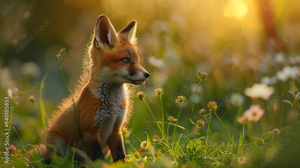 Vulpes vulpes, a little red fox, watches green grass in summer nature with copy space. Young orange predator standing in wildflowers. Vulpes vulpes, a little red fox, watches green grass in summer nature with copy space. Young orange predator standing in wildflowers.