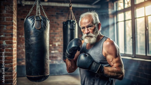 Boxing equipment set up for a senior man?s workout, senior, man, boxing, exercise, equipment, gym, workout, healthy, active, lifestyle, sport, fitness, retirement, wellness, gloves photo