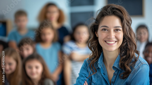 A girl with glasses is smiling. She is surrounded by other people, some of whom are also smiling. a teacher with clear visible face staying in front of students smiling, watching in camera