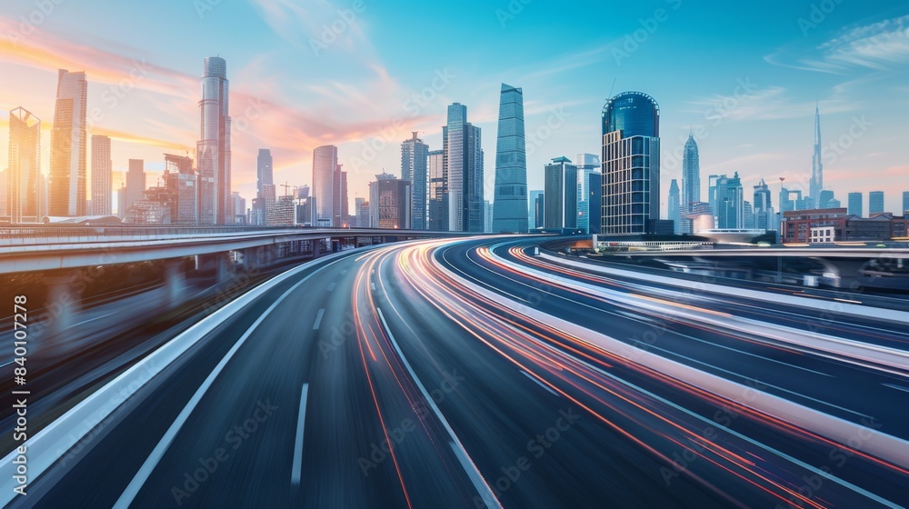 Fototapeta premium Time-lapse photography of modern futuristic cityscape and highway, lights, road, city