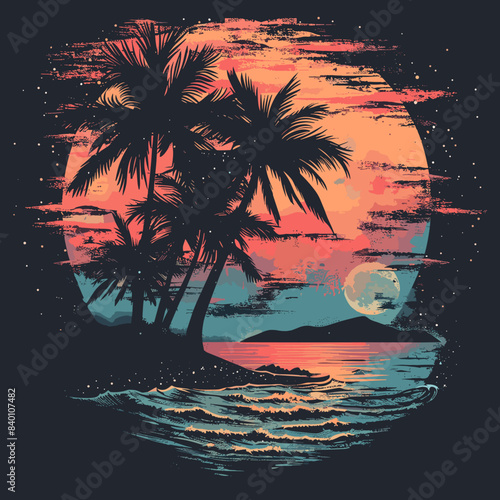 Tropical sunset on the beach with palm trees. Vector illustration