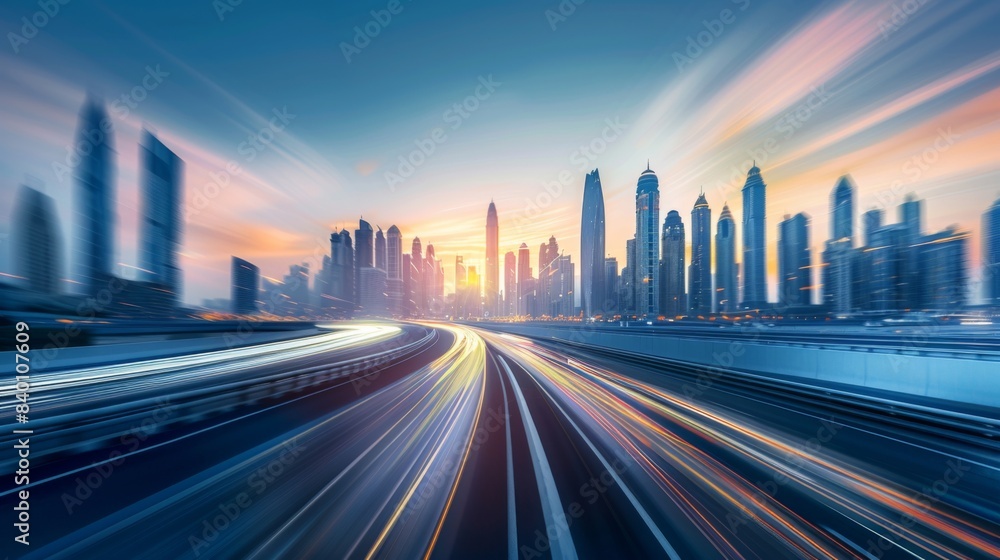 Time-lapse photography of modern futuristic cityscape and highway, lights, road, city Time-lapse photography of modern futuristic cityscape and highway, lights, road, city