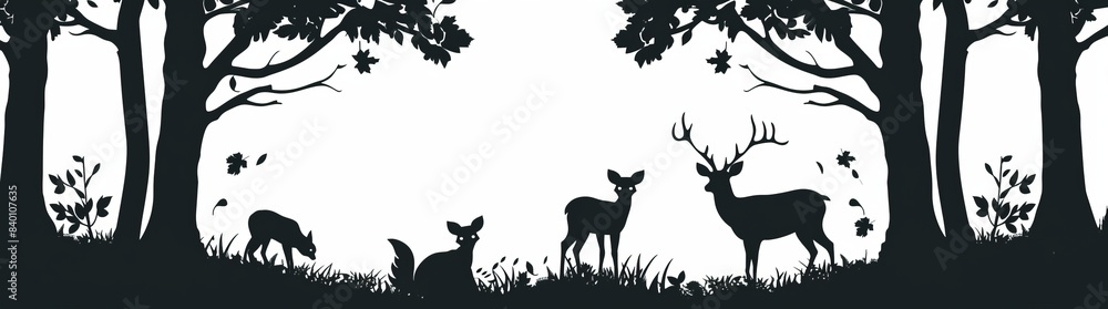 An illustration icon modern of a black silhouette of wild forest animals deer, forest firs and spruce trees camping adventure wildlife hunting landscape, isolated on white An illustration icon modern of a black silhouette of wild forest animals deer, forest firs and spruce trees camping adventure wildlife hunting landscape, isolated on white