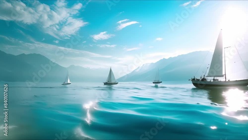 Sailboat regatta race on water against a backdrop of a blue sky. Concept Sailboat Regatta, Water Competition, Blue Sky Backdrop, Nautical Racing, Outdoor Event photo